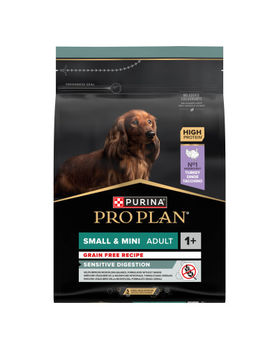 Сухой корм PRO PLAN Small and Mini Adult 1+ Sensitive Digestion, с чувствительным пищеварением, беззерновой, с индейкой, 2,5 кг