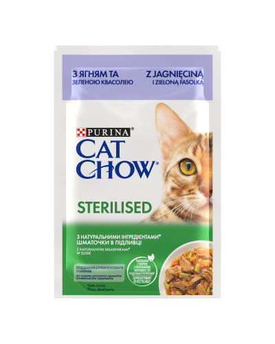 Вологий корм CAT CHOW Sterilised для дорослих стерилізованих котів, шматочки у підливці, з ягням та зеленою квасолею, 85 г