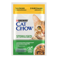 Вологий корм CAT CHOW Sterilised для дорослих стерилізованих котів, шматочки у підливці, з куркою та баклажанами, 85 г