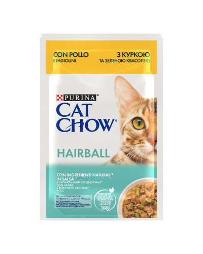 Вологий корм CAT CHOW Hairball для дорослих котів для зменшення утворення кульок шерсті у травному тракті, шматочки у підливці, з куркою та зеленою квасолею, 85 г