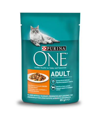 Вологий корм PURINA ONE Adult для дорослих котів, шматочки в соусі, з куркою та зеленою квасолею, 85 г