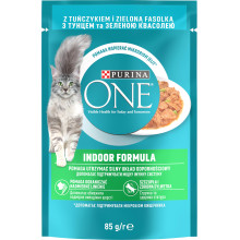 Влажный корм PURINA ONE Indoor для домашних котов, кусочки в соусе, с тунцем и зеленой фасолью, 85 г.