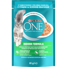 Вологий корм PURINA ONE Indoor  для домашніх котів, шматочки в соусі, з тунцем та зеленою квасолею, 85 г