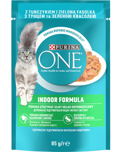 Влажный корм PURINA ONE Indoor для домашних котов, кусочки в соусе, с тунцем и зеленой фасолью, 85 г.