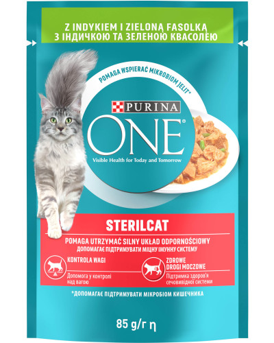 Вологий корм PURINA ONE Sterilcat для дорослих стерилізованих котів, шматочки в соусі, з індичкою та зеленою квасолею, 85 г