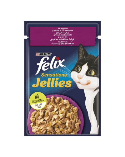 Вологий корм FELIX Sensations Jellies для дорослих котів, шматочки в желе, з качкою та шпинатом, 85 г