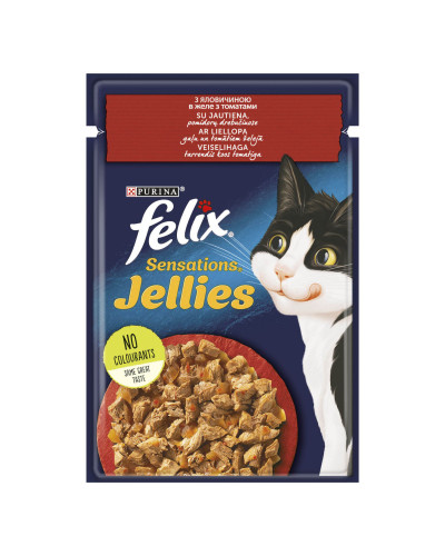 Вологий корм FELIX Sensations Jellies для дорослих котів, шматочки в желе, з яловичиною та томатами, 85 г