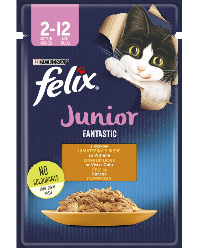Влажный корм FELIX Fantastic Junior для котят, кусочки в желе, с курицей, 85 г