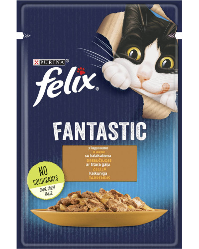 Вологий корм FELIX Fantastic для дорослих котів, шматочки в желе, з індичкою, 85 г