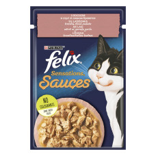 Вологий корм FELIX Sensations Sauces для дорослих котів, шматочки, з лососем в соусі зі смаком креветок, 85 г