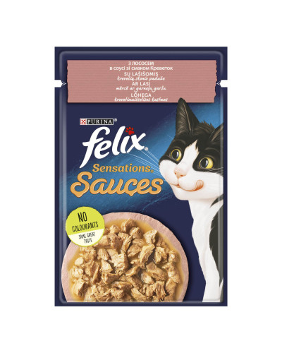 Вологий корм FELIX Sensations Sauces для дорослих котів, шматочки, з лососем в соусі зі смаком креветок, 85 г