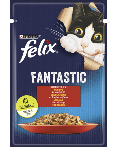 Вологий корм FELIX Fantastic для дорослих котів, шматочки в желе, з яловичиною, 85 г