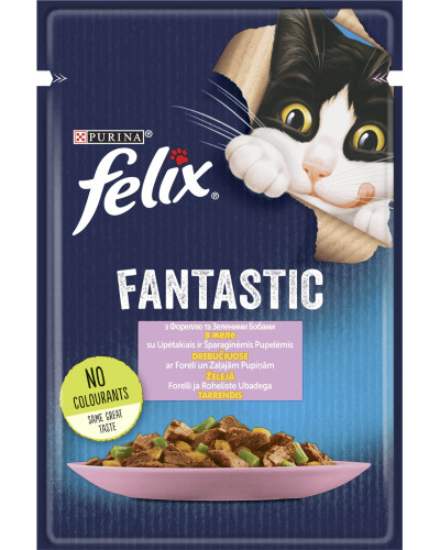 Вологий корм FELIX Fantastic для дорослих котів, шматочки в желе, з фореллю та зеленими бобами, 85 г