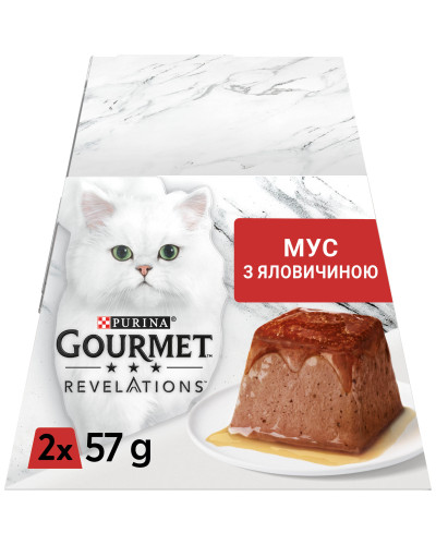Вологий корм GOURMET Revelations для дорослих котів, мус з підливкою, що стікає, з яловичиною, 2x57 г