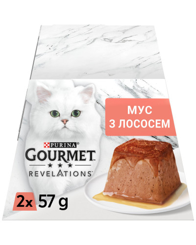 Влажный корм GOURMET Revelations для взрослых кошек, мусс с стекающей подливкой с лососем, 2x57 г