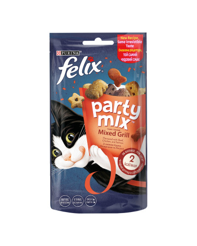Ласощі FELIX Party Mix Гриль Мікс для дорослих котів, зі смаком курки, яловичини та лосося, 60 г