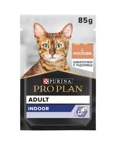 Вологий корм PRO PLAN Adult Indoor для дорослих котів що живуть вдома, шматочки у підливці, з лососем, 85 г