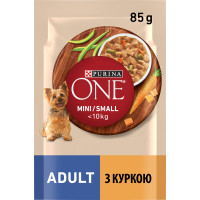 Вологий корм PURINA ONE Mini/Small для дорослих собак дрібних порід, шматочки у підливці, з куркою, морквою та зеленою квасолею, 85 г