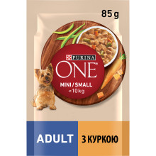 Влажный корм PURINA ONE Mini/Small для взрослых собак мелких пород, кусочки в соусе, с курицей, морковью и зеленой фасолью, 85 г