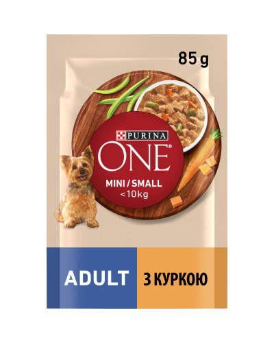 Вологий корм PURINA ONE Mini/Small для дорослих собак дрібних порід, шматочки у підливці, з куркою, морквою та зеленою квасолею, 85 г