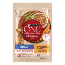 Вологий корм PURINA ONE Mini/Small для дорослих собак дрібних порід, шматочки у підливці, з куркою, морквою та зеленою квасолею, 85 г