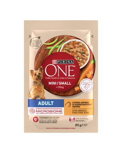 Вологий корм PURINA ONE Mini/Small для дорослих собак дрібних порід, шматочки у підливці, з куркою, морквою та зеленою квасолею, 85 г