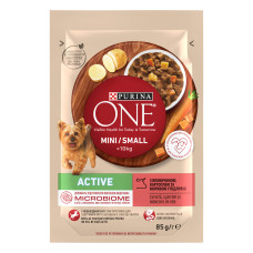Вологий корм PURINA ONE Mini/Small Active для дорослих собак дрібних порід, з підвищеною активністю, шматочки у підливці, з яловичиною, картоплею та морквою, 85 г