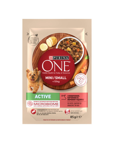 Вологий корм PURINA ONE Mini/Small Active для дорослих собак дрібних порід, з підвищеною активністю, шматочки у підливці, з яловичиною, картоплею та морквою, 85 г