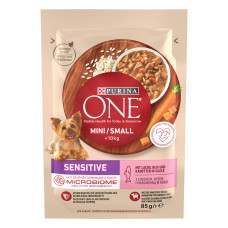 Вологий корм PURINA ONE Mini/Small Sensitive для дорослих собак дрібних порід, з чутливим травленням, з лососем, рисом та морквою, 85 г