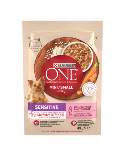 Вологий корм PURINA ONE Mini/Small Sensitive для дорослих собак дрібних порід, з чутливим травленням, з лососем, рисом та морквою, 85 г