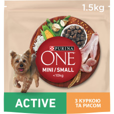 Сухой корм PURINA ONE Mini/Small Active для взрослых собак мелких пород, с повышенной активностью, курицей и рисом, 1,5 кг