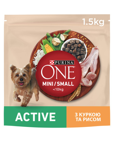 Сухой корм PURINA ONE Mini/Small Active для взрослых собак мелких пород, с повышенной активностью, курицей и рисом, 1,5 кг