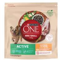 Сухой корм PURINA ONE Mini/Small Active для взрослых собак мелких пород, с повышенной активностью, курицей и рисом, 1,5 кг