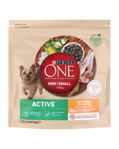 Сухой корм PURINA ONE Mini/Small Active для взрослых собак мелких пород, с повышенной активностью, курицей и рисом, 1,5 кг