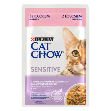 Вологий корм CAT CHOW Sensitive для дорослих котів із чутливою системою травлення, шматочки у підливці, з лососем та цукіні, 85 г