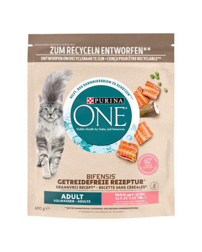 Сухий корм PURINA ONE Grain Free (Грейн Фрі) беззерновий для дорослих котів, комплекс Bifensis, з лососем, 600 г