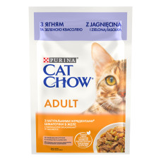Вологий корм CAT CHOW Adult для дорослих котів, шматочки в желе, з ягням та зеленою квасолею, 85 г