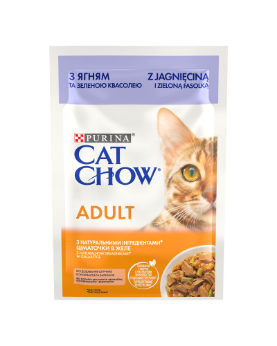 Вологий корм CAT CHOW Adult для дорослих котів, шматочки в желе, з ягням та зеленою квасолею, 85 г