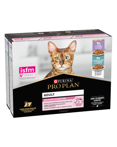 Вологий корм PRO PLAN Delicate Digestion для дорослих котів з чутливим травленням, шматочки у підливці, з індичкою, з океанічною рибою, 10x85 г