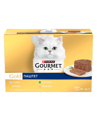 Вологий корм GOURMET Gold для дорослих котів, паштет, з тунцем, з куркою, з кроликом, з індичкою, 12х85 г