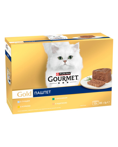 Вологий корм GOURMET Gold для дорослих котів, паштет, з тунцем, з куркою, з кроликом, з індичкою, 12х85 г