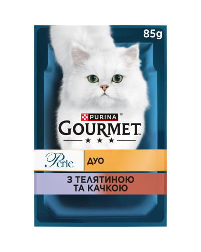 Вологий корм GOURMET Perle Duo для дорослих котів, міні філе у підливці, з телятиною та качкою, 85 г