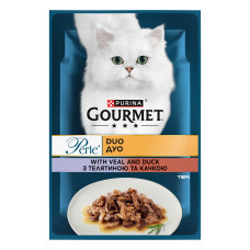 Вологий корм GOURMET Perle Duo для дорослих котів, міні філе у підливці, з телятиною та качкою, 85 г