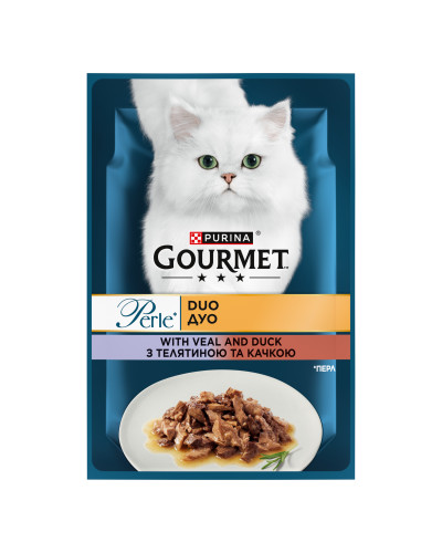 Вологий корм GOURMET Perle Duo для дорослих котів, міні філе у підливці, з телятиною та качкою, 85 г