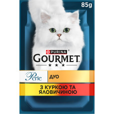 Вологий корм GOURMET Perle Duo для дорослих котів, міні філе у підливці, з куркою та яловичиною, 85 г