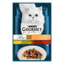 Вологий корм GOURMET Perle Duo для дорослих котів, міні філе у підливці, з куркою та яловичиною, 85 г