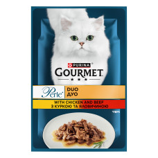 Вологий корм GOURMET Perle Duo для дорослих котів, міні філе у підливці, з куркою та яловичиною, 85 г