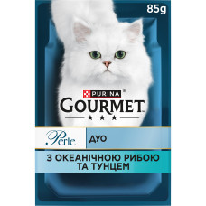 Вологий корм GOURMET Perle Duo для дорослих котів, міні філе у підливці, з океанічною рибою та тунцем, 85 г