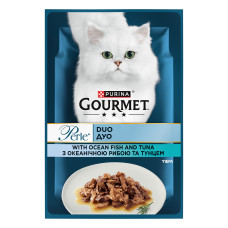 Вологий корм GOURMET Perle Duo для дорослих котів, міні філе у підливці, з океанічною рибою та тунцем, 85 г