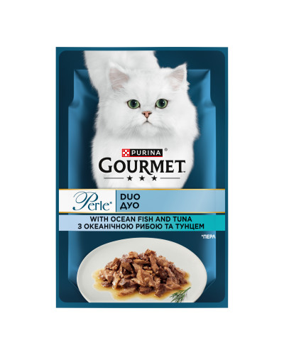 Вологий корм GOURMET Perle Duo для дорослих котів, міні філе у підливці, з океанічною рибою та тунцем, 85 г